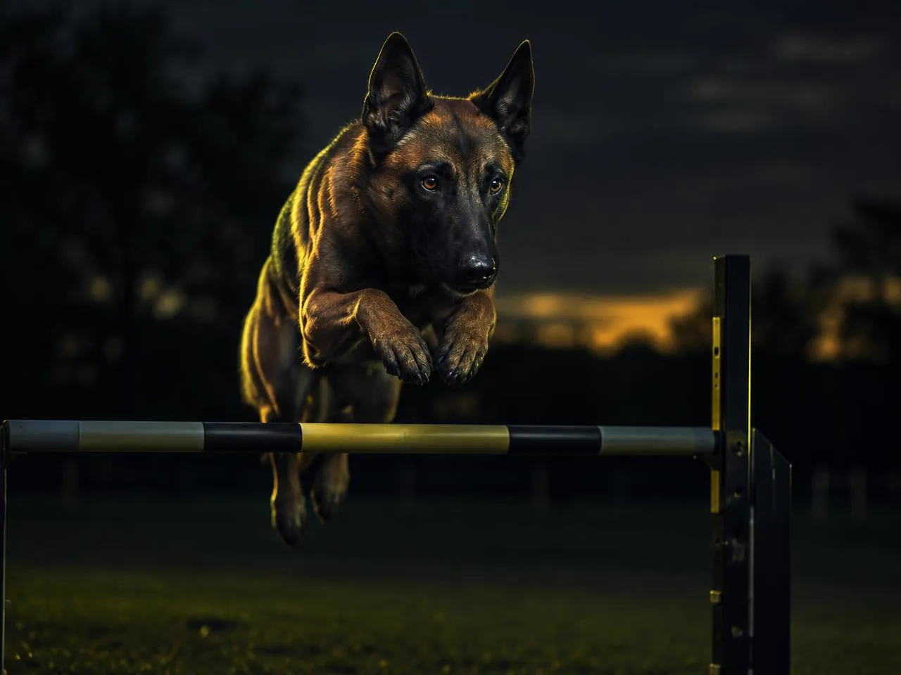 Active dog clearing an agility obstacle at dusk